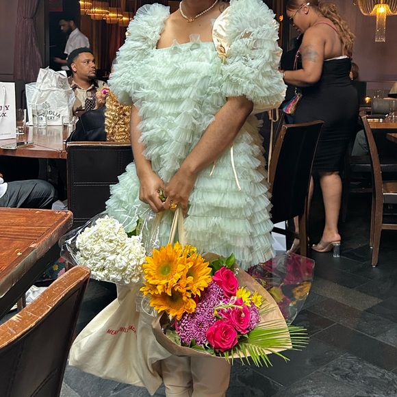 Puff sleeve tulle square neck mini dress sage mint green - Picture 4 of 5